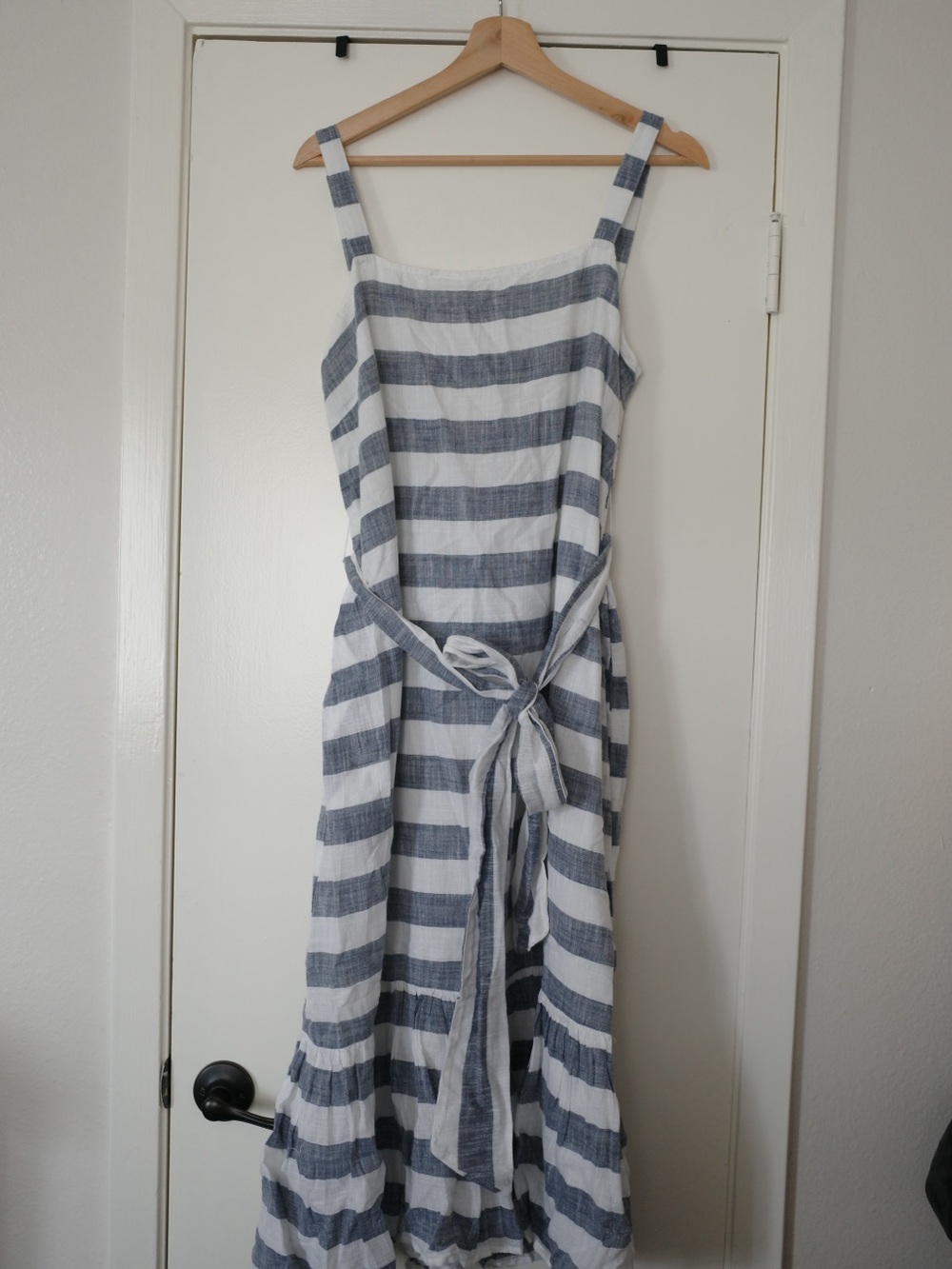Chelsea and Theodore Blue & White Striped Sleeveless Tie-Waist Maxi Dress